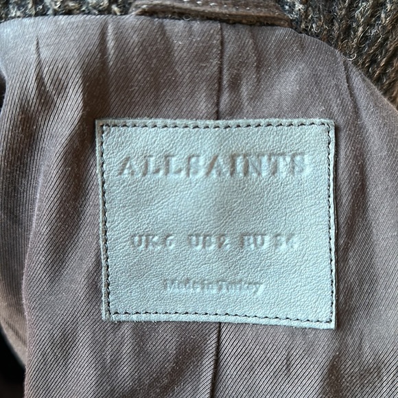 ALL SAINTS NWOT Brown Suede Leather Jacket Biker Wool Shawl Scarf UK 6 US 2 XS - Picture 8 of 9